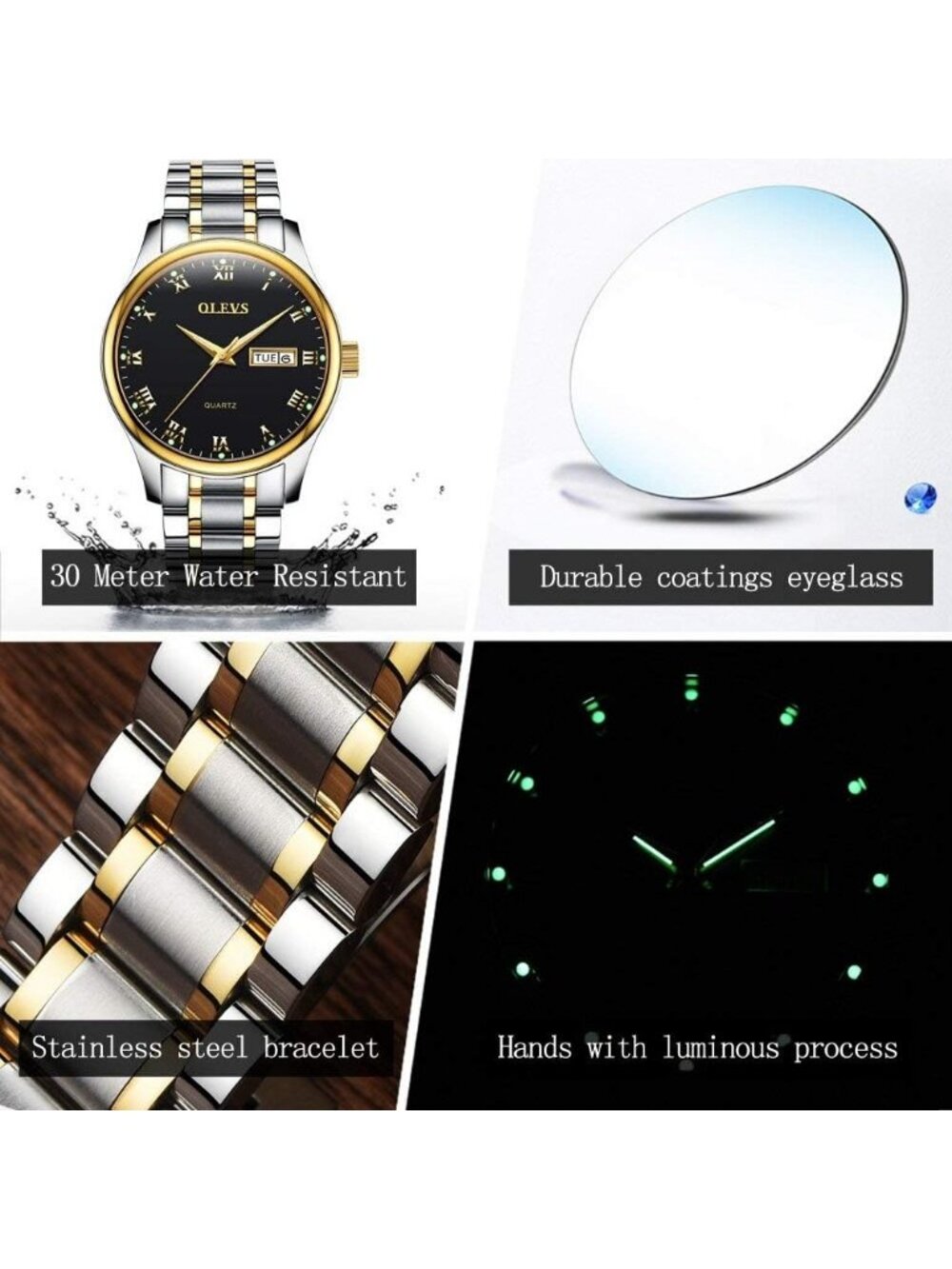 Olevs Men's Silver Stainless Black Face Analog Quartz Waterproof Luminous Watch - Picture 5 of 6